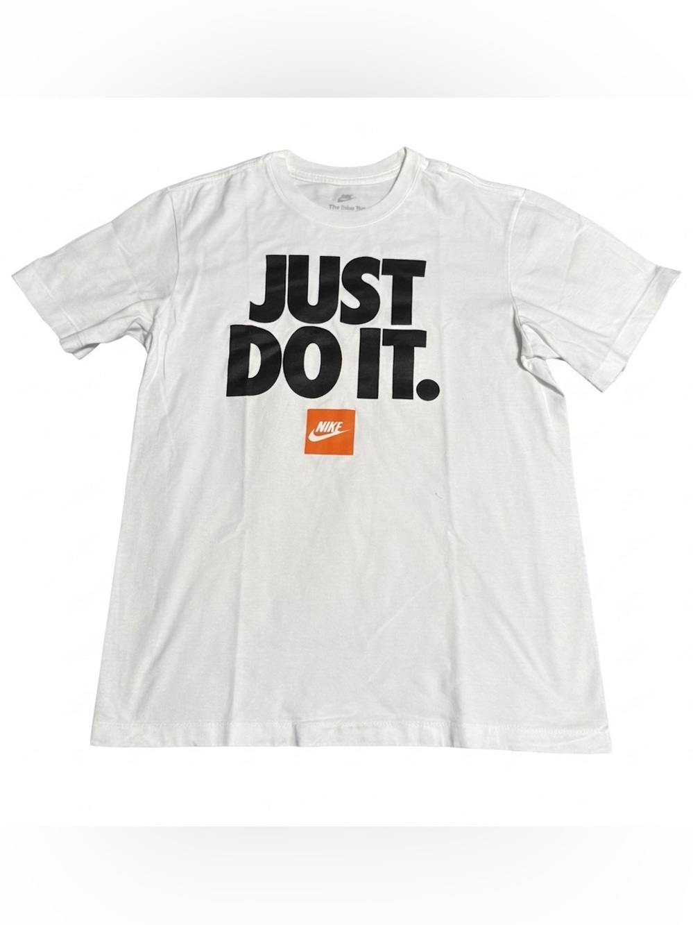 Nike White Tee with Black 'JUST DO IT.' and Orange Logo